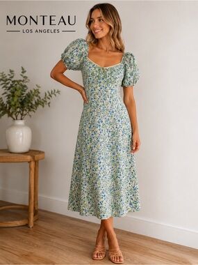 Monteau Los Angeles Blue Floral Puff Sleeve Midi Dress | Size Medium